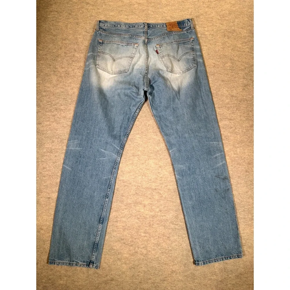Levis 501 Original Fit Jeans Mens 38x34 Light Blue Whiskering Denim Straight Leg